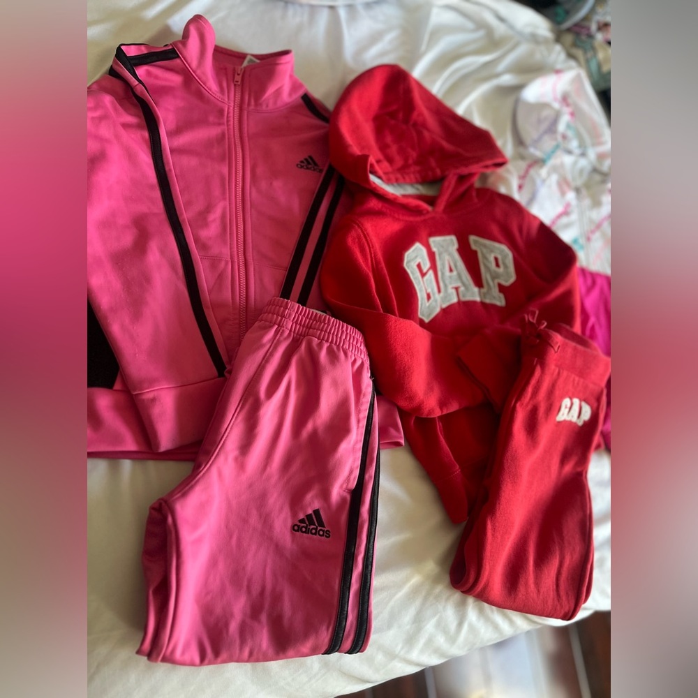 4-5 Adidas, gap, & champion track suites(pink/red orange/pink& white)